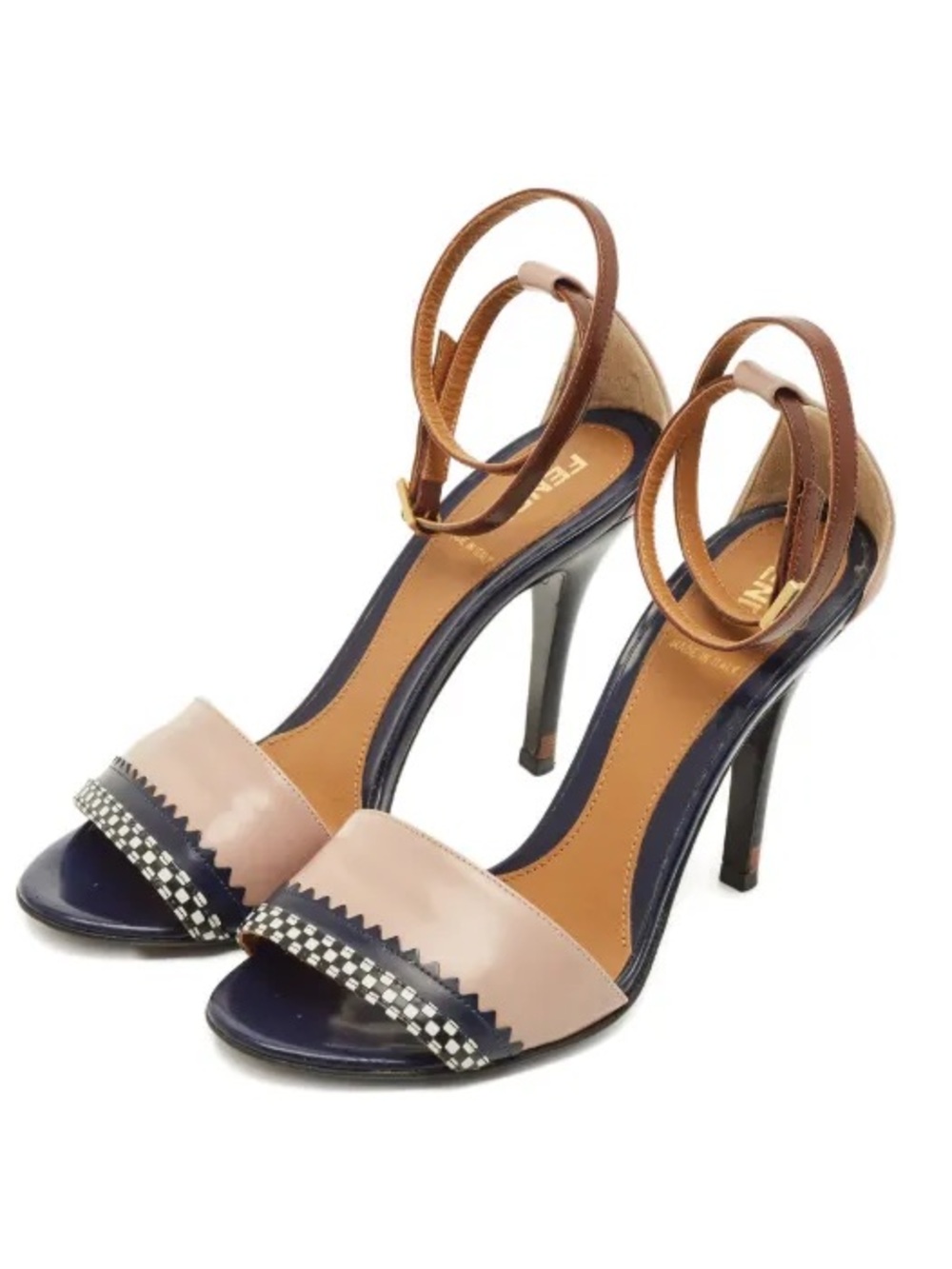 Fendi Leather Ankle Strap Checkered Trim Open Toe Heel Multicolor Sandals Luxury